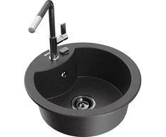 Granitinė virtuvinė plautuvė Mexen Diego su maišytuvu ir sifonu, Juodas granite+Juodas granite/Chrome