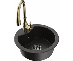 Granitinė virtuvinė plautuvė Mexen Diego su maišytuvu ir sifonu, Metallic juodas/auksinis+Gold