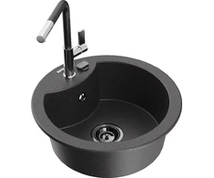 Granitinė virtuvinė plautuvė Mexen Diego su maišytuvu ir sifonu, Juodas granite+Juodas/Chrome