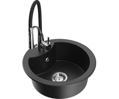 Granitinė virtuvinė plautuvė Mexen Diego su maišytuvu ir sifonu, Metallic juodas/sidabrinis+Juodas/Chrome