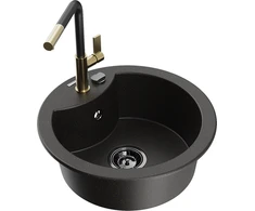Granitinė virtuvinė plautuvė Mexen Diego su maišytuvu ir sifonu, Metallic juodas/auksinis+Juodas/Gold