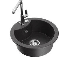 Granitinė virtuvinė plautuvė Mexen Diego su maišytuvu ir sifonu, Juodas granite+Chrome