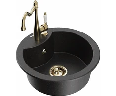 Granitinė virtuvinė plautuvė Mexen Diego su maišytuvu ir sifonu, Metallic juodas/sidabrinis+Gold