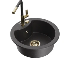Granitinė virtuvinė plautuvė Mexen Diego su maišytuvu ir sifonu, Juodas granite+Juodas granite/Gold