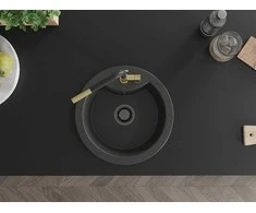 Granitinė virtuvinė plautuvė Mexen Diego su maišytuvu ir sifonu, Juodas granite+Juodas/Gold
