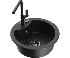 Granitinė virtuvinė plautuvė Mexen Diego su maišytuvu ir sifonu, Metallic juodas/sidabrinis+Juodas