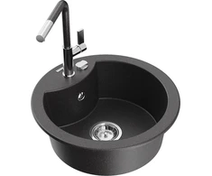 Granitinė virtuvinė plautuvė Mexen Diego su maišytuvu ir sifonu, Juodas granite+Juodas granite/Chrome