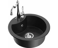 Granitinė virtuvinė plautuvė Mexen Diego su maišytuvu ir sifonu, Metallic juodas/sidabrinis+Chrome