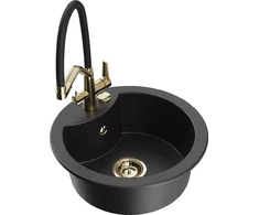 Granitinė virtuvinė plautuvė Mexen Diego su maišytuvu ir sifonu, Metallic juodas/sidabrinis+Juodas/Gold