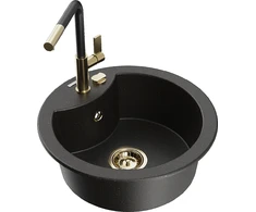 Granitinė virtuvinė plautuvė Mexen Diego su maišytuvu ir sifonu, Metallic juodas/auksinis+Juodas/Gold