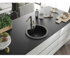Granitinė virtuvinė plautuvė Mexen Diego su maišytuvu ir sifonu, Metallic juodas/sidabrinis+Juodas/Gold