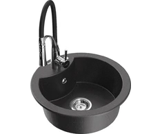 Granitinė virtuvinė plautuvė Mexen Diego su maišytuvu ir sifonu, Juodas granite+Juodas/Chrome