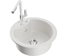 Granitinė virtuvinė plautuvė Mexen Diego su maišytuvu ir sifonu, Baltas+Baltas/Chrome