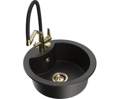 Granitinė virtuvinė plautuvė Mexen Diego su maišytuvu ir sifonu, Metallic juodas/auksinis+Juodas/Gold