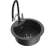 Granitinė virtuvinė plautuvė Mexen Diego su maišytuvu ir sifonu, Juodas granite+Juodas/Chrome