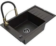 Granitinė virtuvinė plautuvė Mexen Elias su maišytuvu ir sifonu, Metallic juodas/auksinis+Juodas/Gold