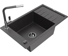 Granitinė virtuvinė plautuvė Mexen Elias su maišytuvu ir sifonu, Juodas granite+Juodas granite/Chrome