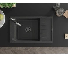 Granitinė virtuvinė plautuvė Mexen Elias su maišytuvu ir sifonu, Juodas granite+Juodas/Chrome