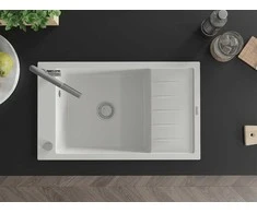 Granitinė virtuvinė plautuvė Mexen Elias su maišytuvu ir sifonu, Baltas+Pilkas/Chrome