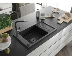 Granitinė virtuvinė plautuvė Mexen Elias su maišytuvu ir sifonu, Metallic juodas/sidabrinis+Juodas/Chrome