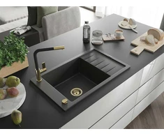 Granitinė virtuvinė plautuvė Mexen Elias su maišytuvu ir sifonu, Juodas granite+Juodas/Gold