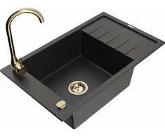 Granitinė virtuvinė plautuvė Mexen Elias su maišytuvu ir sifonu, Metallic juodas/sidabrinis+Gold