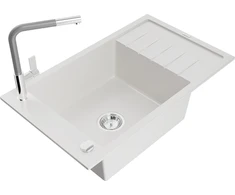 Granitinė virtuvinė plautuvė Mexen Elias su maišytuvu ir sifonu, Baltas+Pilkas/Chrome