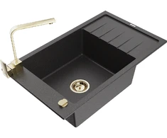 Granitinė virtuvinė plautuvė Mexen Elias su maišytuvu ir sifonu, Juodas granite+Gold