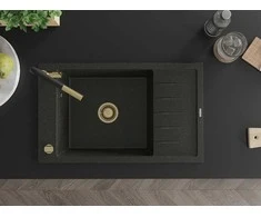 Granitinė virtuvinė plautuvė Mexen Elias su maišytuvu ir sifonu, Metallic juodas/auksinis+Juodas/Gold