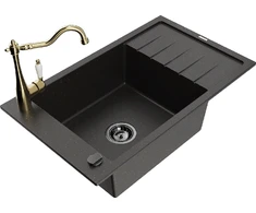 Granitinė virtuvinė plautuvė Mexen Elias su maišytuvu ir sifonu, Metallic juodas/auksinis+Gold