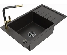 Granitinė virtuvinė plautuvė Mexen Elias su maišytuvu ir sifonu, Metallic juodas/auksinis+Juodas/Gold