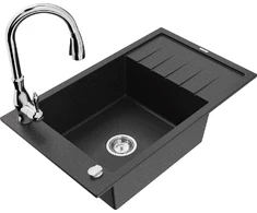 Granitinė virtuvinė plautuvė Mexen Elias su maišytuvu ir sifonu, Metallic juodas/sidabrinis+Chrome