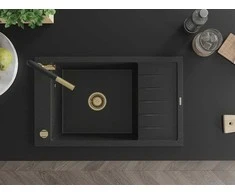 Granitinė virtuvinė plautuvė Mexen Elias su maišytuvu ir sifonu, Metallic juodas/sidabrinis+Juodas/Gold