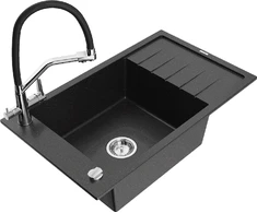 Granitinė virtuvinė plautuvė Mexen Elias su maišytuvu ir sifonu, Metallic juodas/sidabrinis+Juodas/Chrome