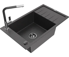 Granitinė virtuvinė plautuvė Mexen Elias su maišytuvu ir sifonu, Juodas granite+Juodas/Chrome