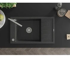 Granitinė virtuvinė plautuvė Mexen Elias su maišytuvu ir sifonu, Juodas granite+Chrome