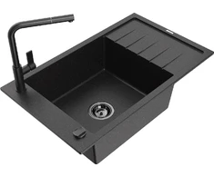 Granitinė virtuvinė plautuvė Mexen Elias su maišytuvu ir sifonu, Metallic juodas/sidabrinis+Juodas