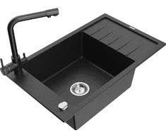Granitinė virtuvinė plautuvė Mexen Elias su maišytuvu ir sifonu, Metallic juodas/sidabrinis+Juodas