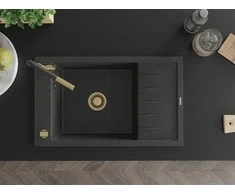 Granitinė virtuvinė plautuvė Mexen Elias su maišytuvu ir sifonu, Juodas granite+Juodas granite/Gold