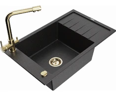Granitinė virtuvinė plautuvė Mexen Elias su maišytuvu ir sifonu, Metallic juodas/sidabrinis+Gold