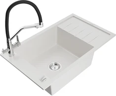 Granitinė virtuvinė plautuvė Mexen Elias su maišytuvu ir sifonu, Baltas+Juodas/Chrome