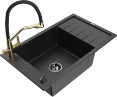 Granitinė virtuvinė plautuvė Mexen Elias su maišytuvu ir sifonu, Metallic juodas/sidabrinis+Juodas/Gold