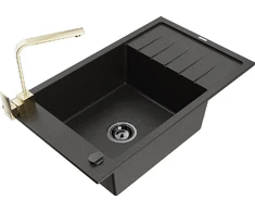 Granitinė virtuvinė plautuvė Mexen Elias su maišytuvu ir sifonu, Metallic juodas/auksinis+Gold