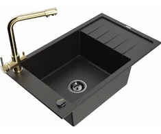 Granitinė virtuvinė plautuvė Mexen Elias su maišytuvu ir sifonu, Metallic juodas/auksinis+Gold