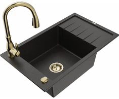 Granitinė virtuvinė plautuvė Mexen Elias su maišytuvu ir sifonu, Metallic juodas/auksinis+Gold