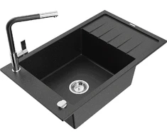 Granitinė virtuvinė plautuvė Mexen Elias su maišytuvu ir sifonu, Metallic juodas/sidabrinis+Juodas/Chrome