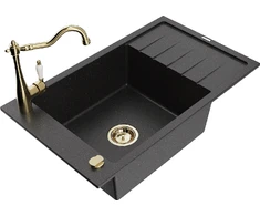Granitinė virtuvinė plautuvė Mexen Elias su maišytuvu ir sifonu, Metallic juodas/sidabrinis+Gold