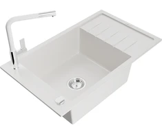 Granitinė virtuvinė plautuvė Mexen Elias su maišytuvu ir sifonu, Baltas+Baltas/Chrome