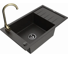 Granitinė virtuvinė plautuvė Mexen Elias su maišytuvu ir sifonu, Metallic juodas/auksinis+Gold