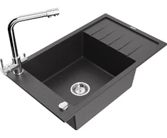 Granitinė virtuvinė plautuvė Mexen Elias su maišytuvu ir sifonu, Juodas granite+Chrome